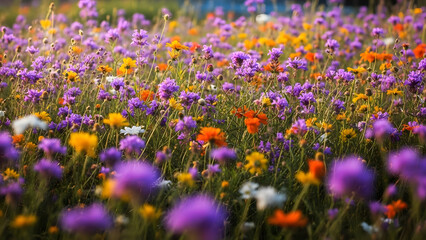 Vibrant wildflower meadow with purple orange and white blooms