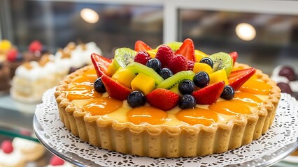 Decadent Gourmet Fruit Tart Pastry In a Bakery Display Case.