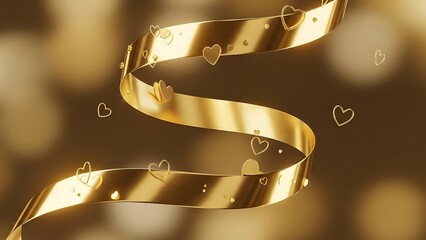 A shimmering golden ribbon gracefully curves amidst a gentle cascade of delicate floating heart shapes