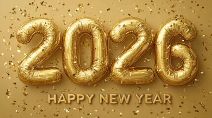 Festive New Year Card Design with Golden Foil "2026" Balloons and Confetti on Elegant Gold Background