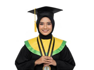 Happy Muslim graduate in hijab and academic regalia, holding a diploma scroll and smiling proudly, celebrating achievement.