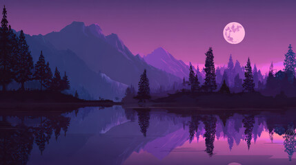 Serene Night Landscape with Full Moon Over Mountains and Forest Reflected in a Purple-Toned Lake