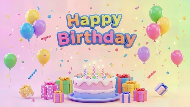 Happy Birthday Card with Cake, Balloons and Candle. 3D Render