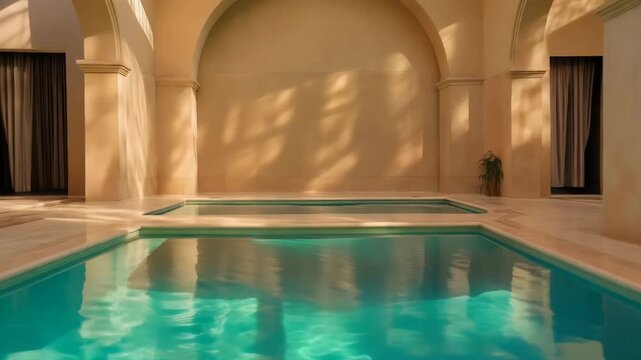 Minimalistic luxury indoor pool with turquoise water inside arched beige interior, soft sunlight reflections and calm architectural background. Concept of relaxation and wellness spa