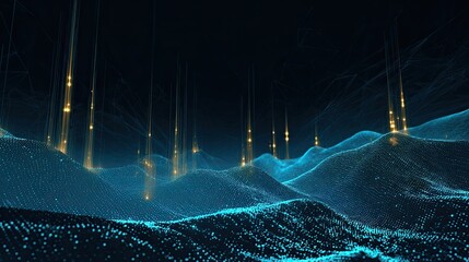 Abstract digital landscape with glowing vertical lines and connected nodes in a dark, futuristic scene