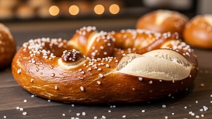Authentic Bavarian Soft Pretzel With Coarse Salt On Wooden Table.
