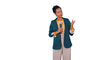 Woman speaker giving a presentation holding a microphone, engaging audience with hand gestures, transparent background