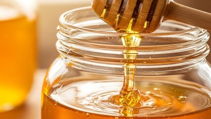 Golden Organic Honey Dripping From Wooden Dipper Into Glass Jar Close-Up.