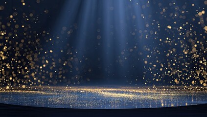 Dark blue stage illuminated by spotlights with golden glittering particles falling