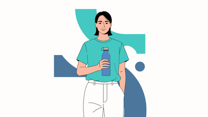 Minimalist Illustration of a Woman Holding a Water Bottle in Front of Abstract Geometric Background