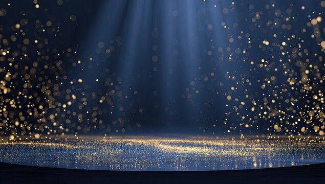 Dark blue stage illuminated by spotlights with golden glittering particles falling