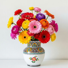 A large and diverse bouquet of colorful flowers including gerbera daisies ranunculus and roses in a white ceramic vase with intricate blue and
