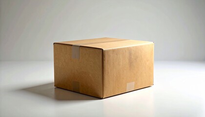 Sealed cardboard box with taped top on smooth light surface and plain neutral background.