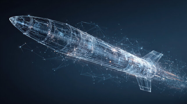 Sleek 3D Wireframe Hologram of Missile Amidst Digital Connections and Data Flow on Dark Blue Gradient - Powered by Adobe