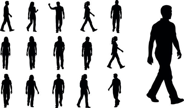 Set of silhouette men and women walking in various poses isolated on white background group of people moving forward together