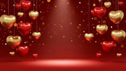 A festive display of hanging golden and red hearts against a vibrant sparkling red backdrop