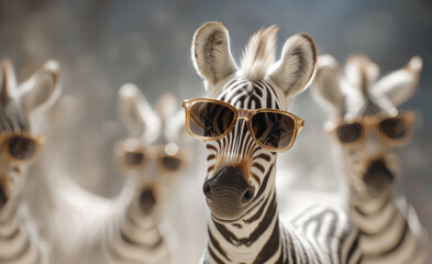 Zebras wearing stylish sunglasses in a group portrait setting.