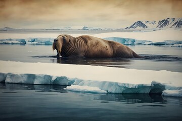Vintage-style photo of walrus hunting in the arctic
