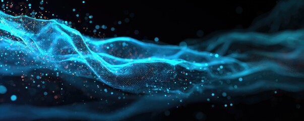 Abstract glowing blue wave of particles flowing on a dark background, dynamic energy