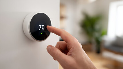 Person adjusting smart thermostat on wall display.
