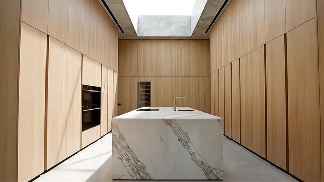 Minimalist luxury kitchen featuring marble island wooden cabinetry skylight and high end appliances in modern designer home