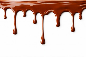 Brown chocolate drips on a white background, empty space for text, template, photo background, layout, advertising, banner