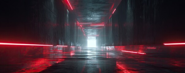 Dark futuristic wet concrete corridor with red neon lights and a bright white light at the end