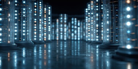 Abstract digital urban landscape with illuminated pillars and reflections at night