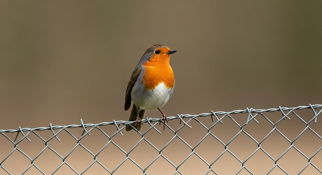 Robin perched on chain link fence. - Powered by Adobe