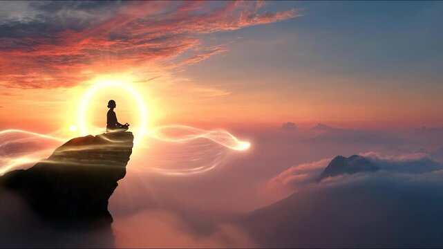 Meditator achieving elevated peace, cultivating inner calm, spiritual insight, emotional balance, cognitive health, mental strength, thought control, neural harmony, mood support.