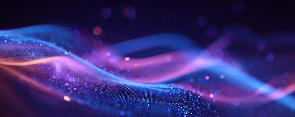 Abstract glowing waves of blue, purple, and pink particles flow across a dark background