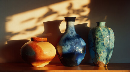 Ceramic vases with textured glazes in warm natural light.