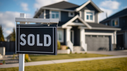 Obraz premium A black and white SOLD sign stands in the front yard of a large suburban home with a gray exterior and white trim under a blue sky with clouds