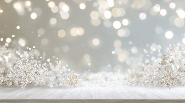 Elegant Christmas Background with Snowflakes and Bokeh Lights on Pastel Tabletop, Perfect for Holiday Promotions and Invitations
