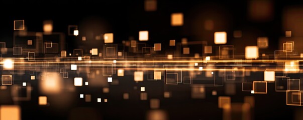 Dynamic dark background with horizontal light, glowing orange and amber squares