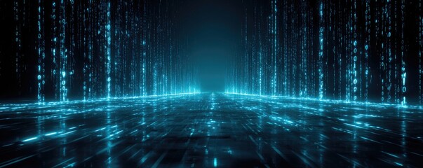 Abstract digital tunnel with glowing blue data streams and reflections, cyberspace