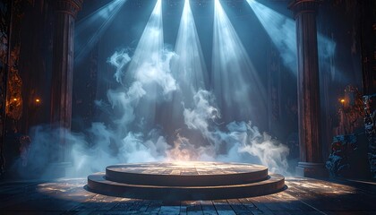 Ornate stage with pillars, illuminated by beams of light, and swirling mist