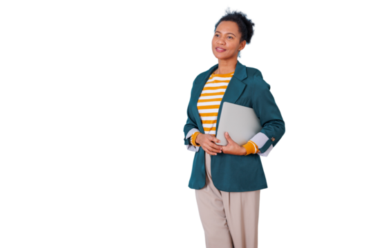 Confident black businesswoman standing, holding laptop, smiling, thinking about professional success on transparent background - Powered by Adobe