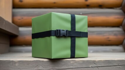 A Green Gift Box Secured with Black Straps on a Wooden Surface.