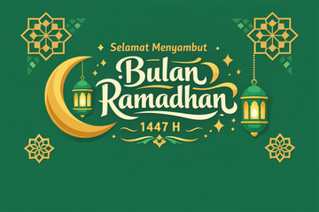 Elegant Islamic vector illustration celebrating the arrival of Ramadan 1447 H, featuring crescent moon, lanterns, and geometric ornaments on a green background, suitable for banners, posters, and fest