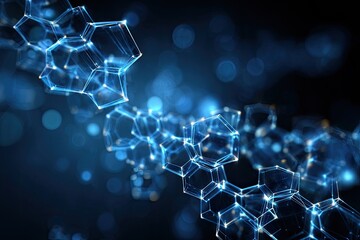 Fototapeta premium Abstract glowing blue honeycomb-like structure against a dark background with bokeh effect