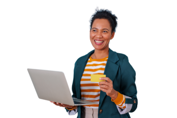 Happy woman holding laptop and credit card making online payment, enjoying digital shopping, transparent background