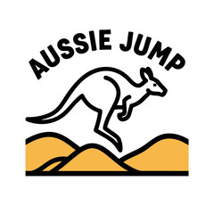 Aussie Jump kangaroo leaping over golden mountains Australia Day celebration badge design