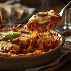 Close-Up of Cheesy Baked Lasagna with Melting Mozzarella Stretch and Mushrooms Being Served