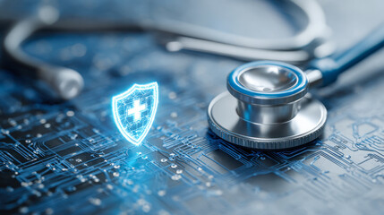 Medical technology concept with a stethoscope on a digital circuit board featuring a glowing healthcare shield symbol representing health data protection and cyberse