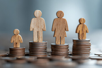 Wooden family figures standing on stacks of coins symbolizing financial growth, wealth distribution, and economic stability within households and generations