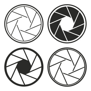 Camera aperture diaphragm icons for f-stop settings. Photography lens and light control symbols.
