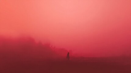 A figure stands alone in a misty landscape bathed in a surreal red hue, evoking feelings of solitude and mystery.