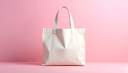 Minimalist white canvas tote bag standing upright against a soft pink background, surrounded by green potted plants.