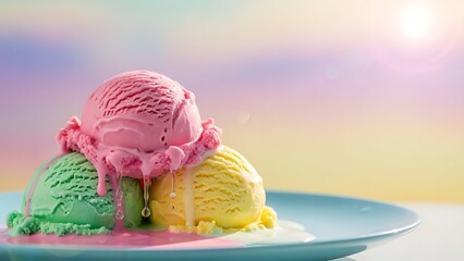 Three Scoops Of Colorful Ice Cream Strawberry Mint And Lemon On Plate.